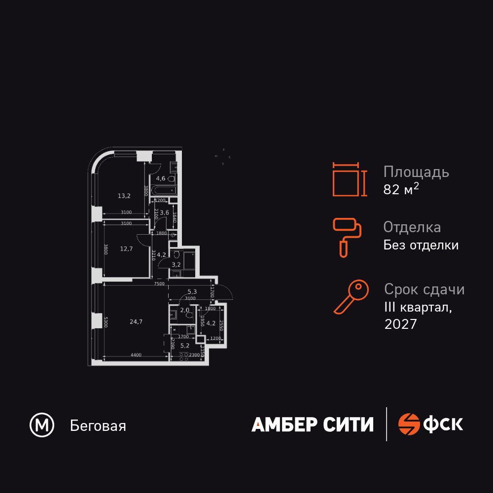 3-комнатная квартира, 82.9 кв.м, ЖК «Амбер Сити»