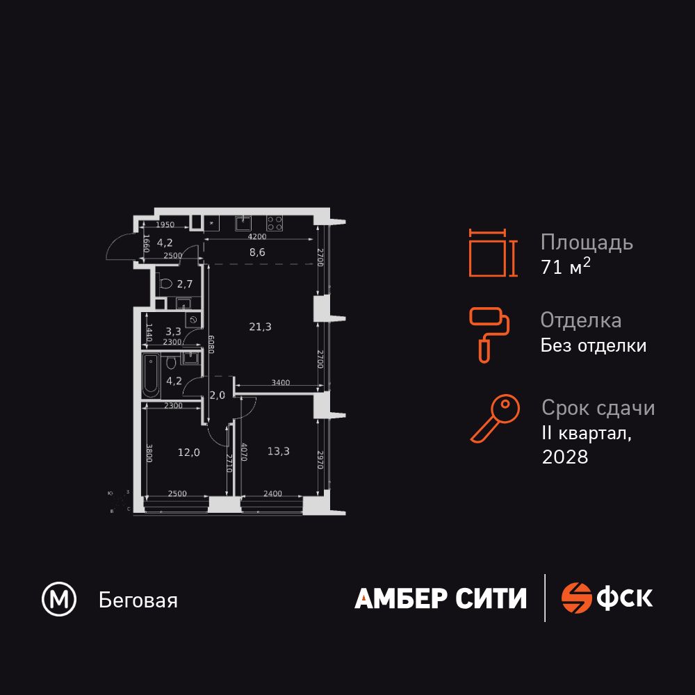 3-комнатная квартира, 71.6 кв.м, ЖК «Амбер Сити»