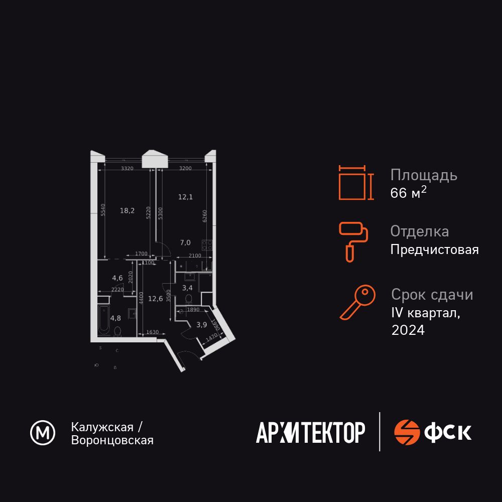 2-комнатная квартира, 66.6 кв.м, ЖК «Архитектор»