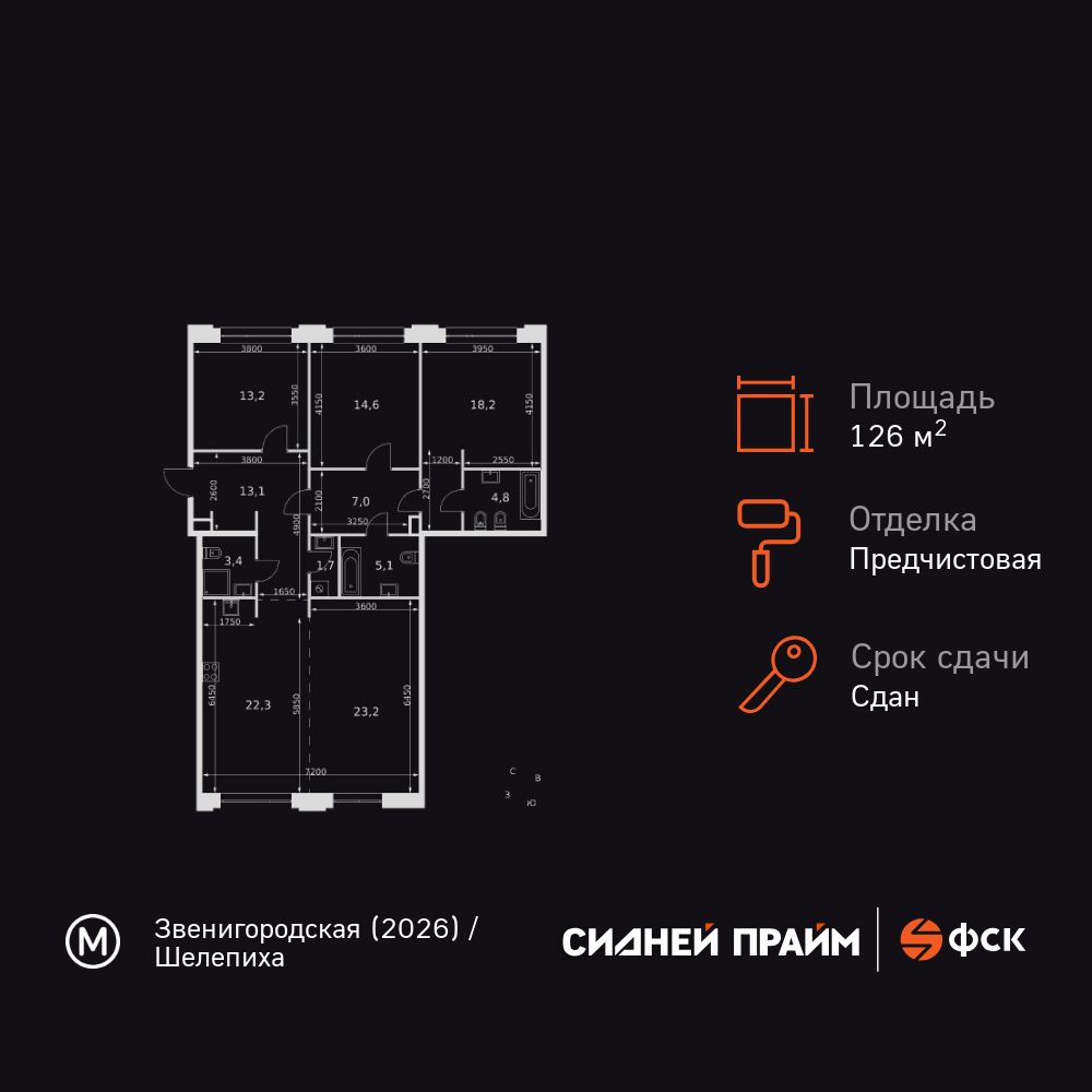 3-комнатная, 126.6 м2, ЖК «Сидней Прайм» 