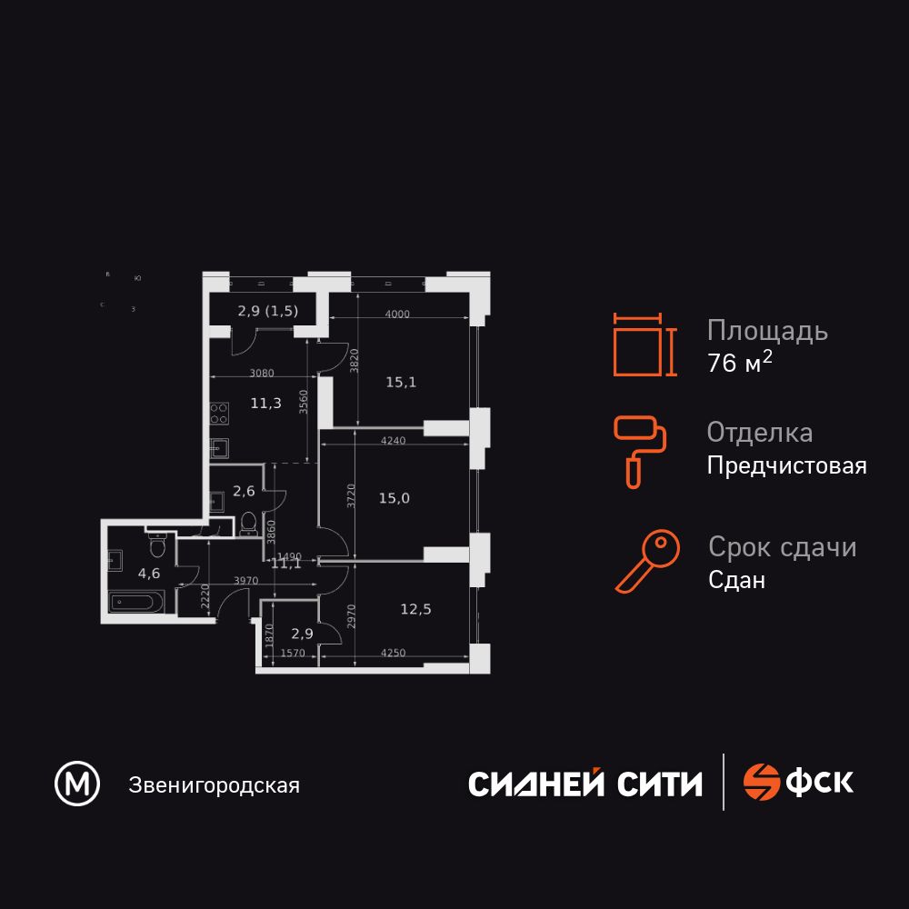 3-комнатная квартира, 76.6 кв.м, Sydney City