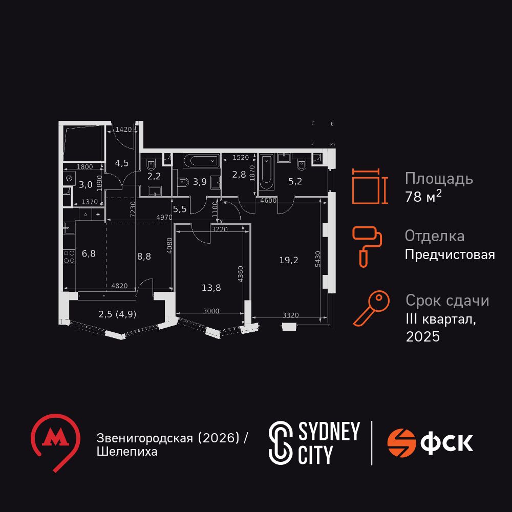 2-комнатная, 78.2 м2, ЖК «Сидней Сити» 2-комнатная, 78.2 м2, ЖК «Сидней Сити»