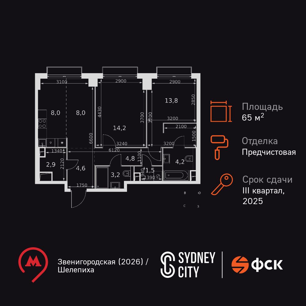 2-комнатная, 65.2 м2, ЖК «Сидней Сити» 2-комнатная, 65.2 м2, ЖК «Сидней Сити»